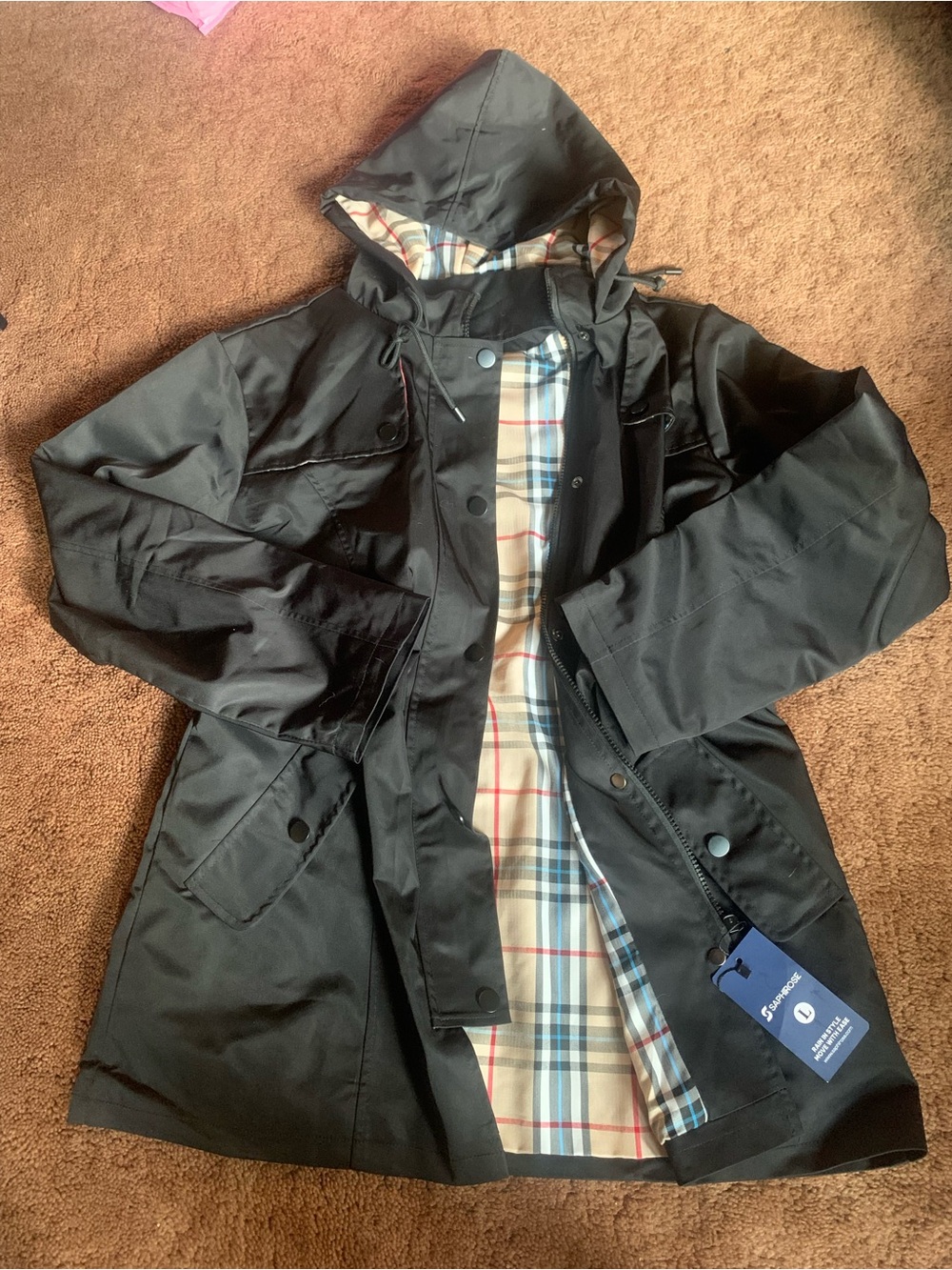 Women's Black Hooded Trench Coat with Plaid Lining